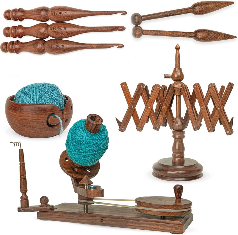 OZYRA Wooden Yarn Winder for Crocheting (Combo 2 (Winder + Swift + Bowl + 3 Crochet + 2 Sorter)) - Image 1